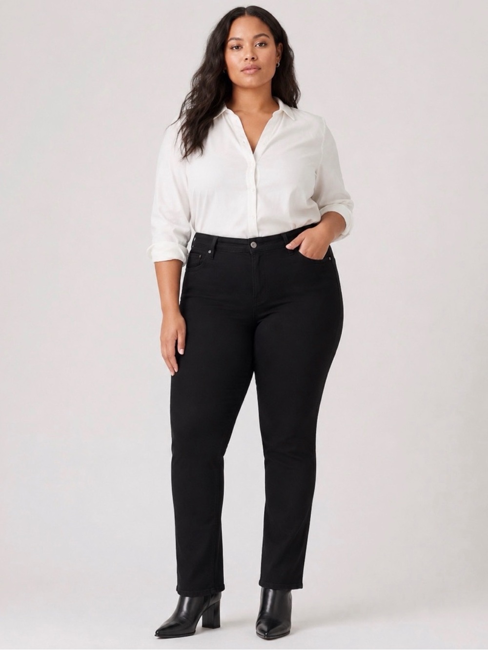 Levi's Classic Straight Jeans Mid Rise Stretch Petite Plus Black 24W Short NEW